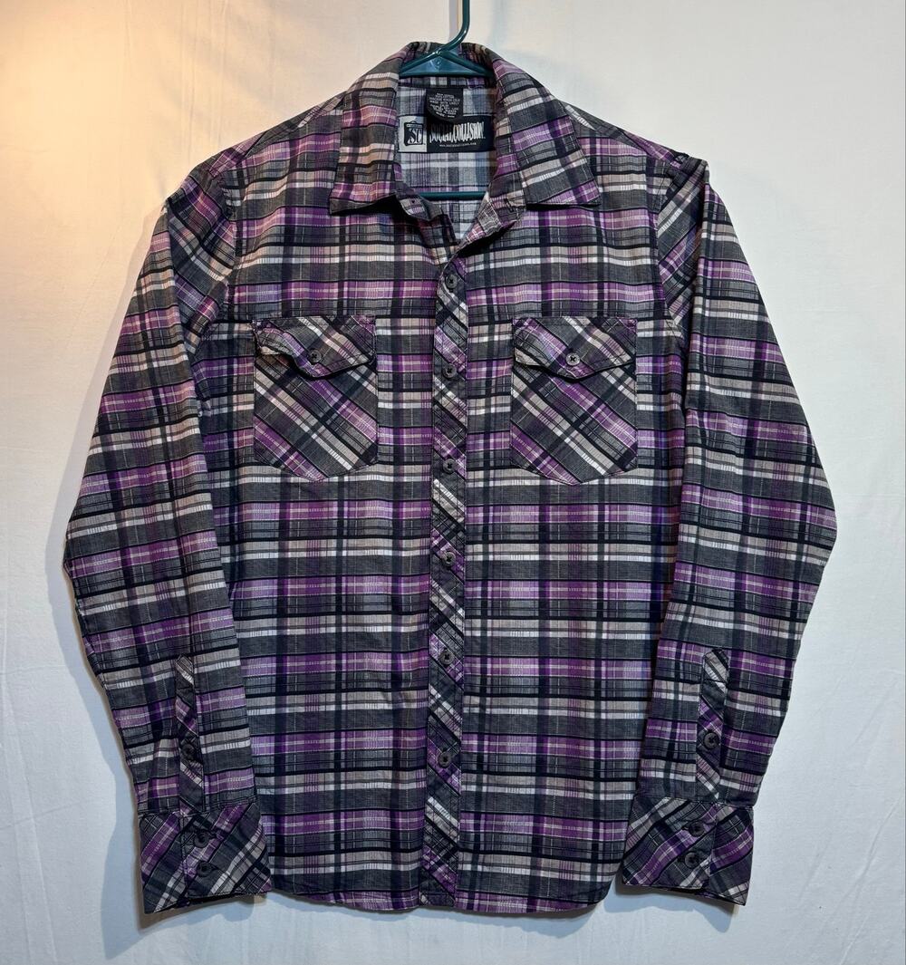 Social Collision Men’s Medium Purple Black Plaid Button Up Shirt Y2K LongSleeve